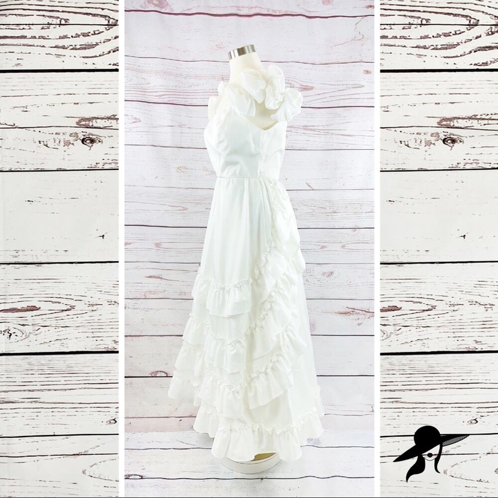 JCPenney Wedding Gown White tea length ruffled off shoulder - Picture 2 of 11